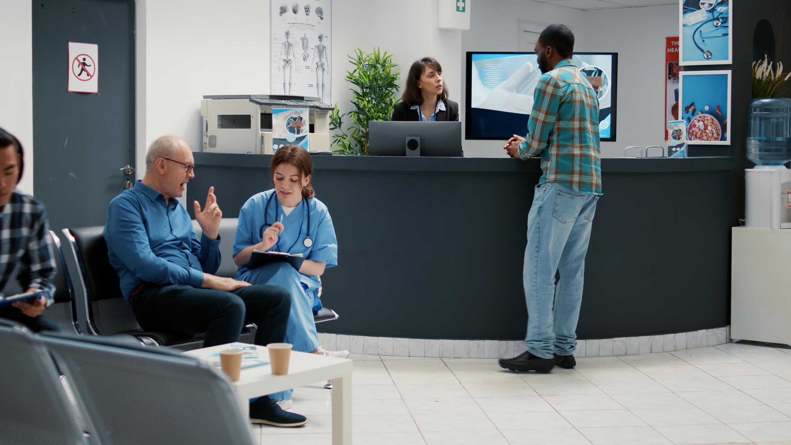 Healthcare facility with medical staff and patients